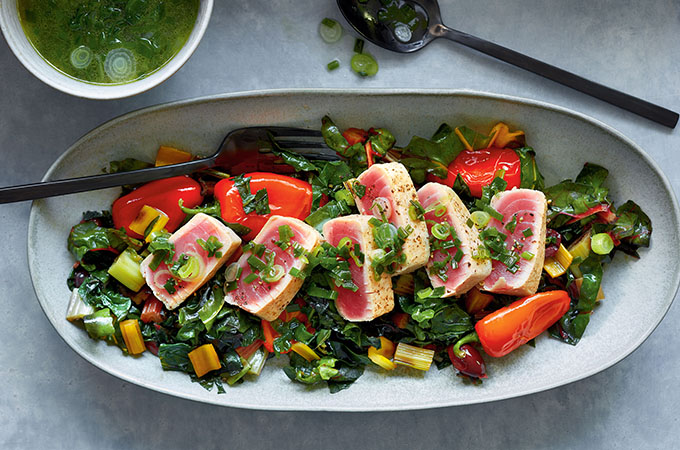 Seared Tuna with Wilted Swiss Chard and Green Onion Broth