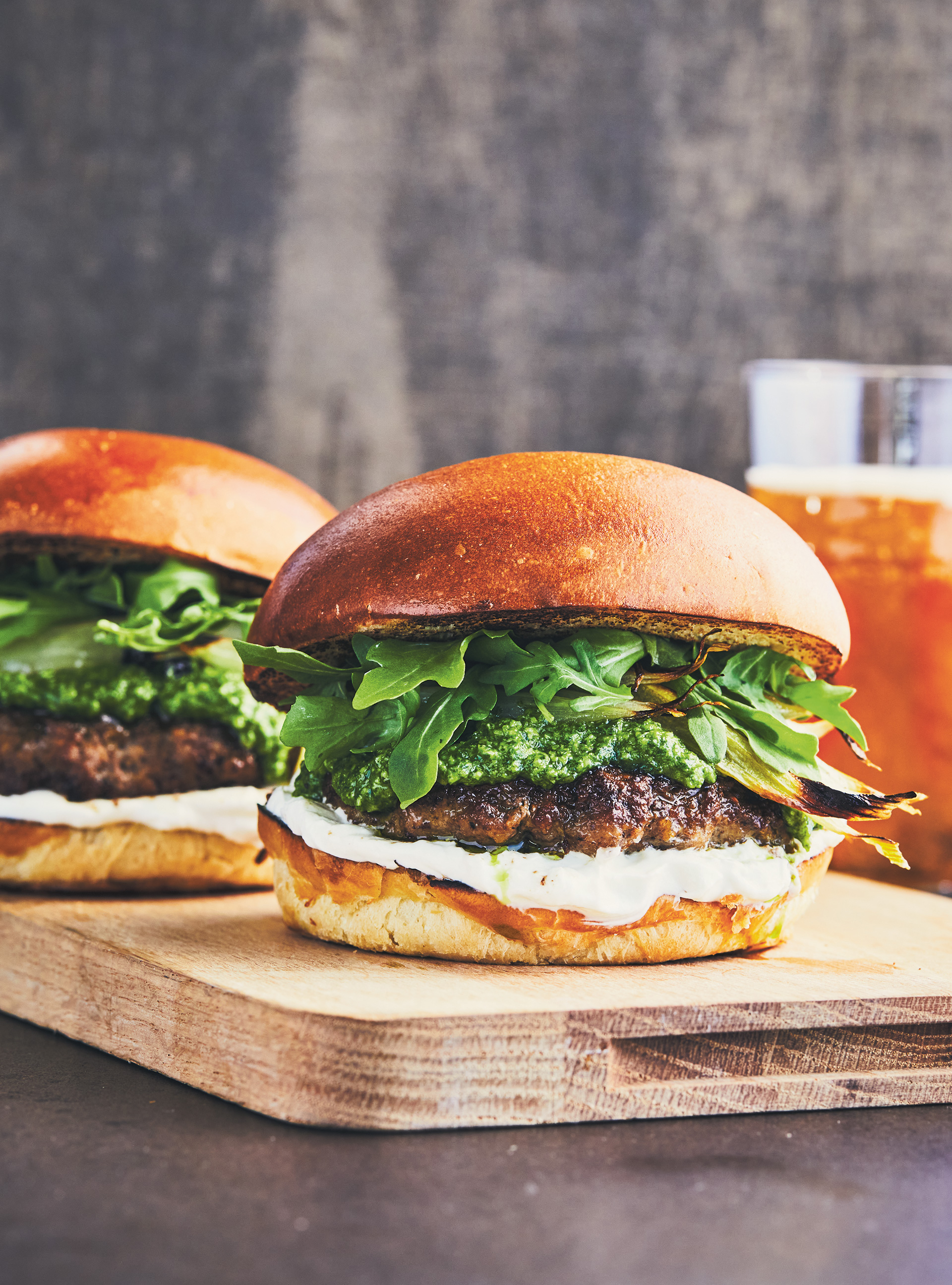 Lamb Burgers with Arugula Pesto and Roasted Onion