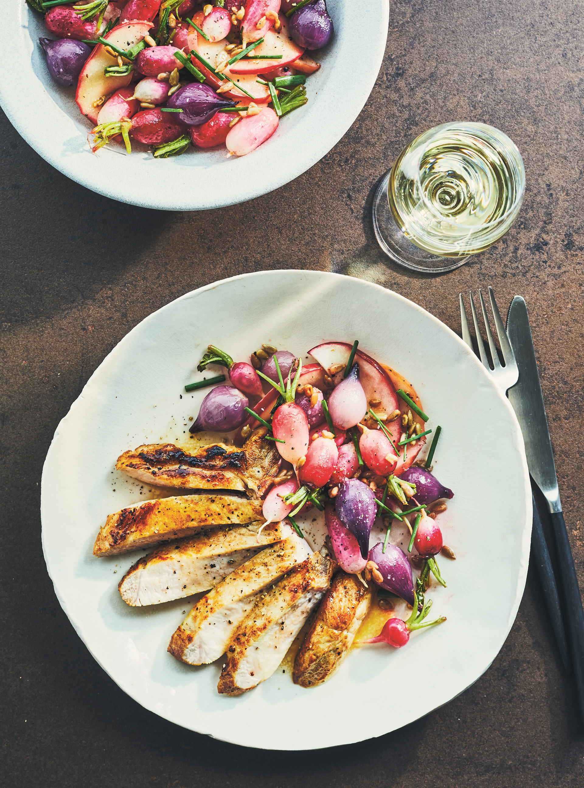 Roasted Radishes in Brown Butter with Buttermilk Pork Chops